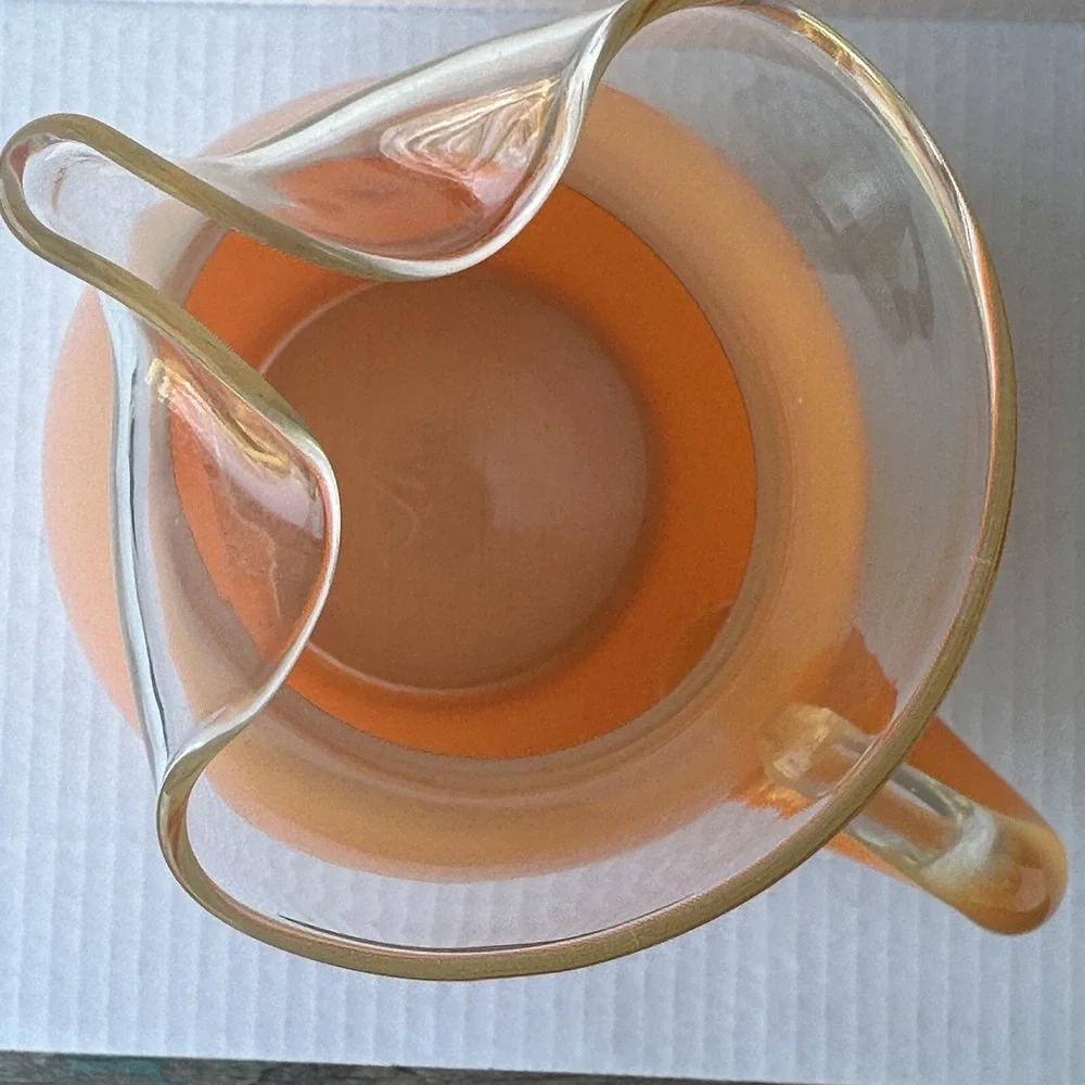 Vintage 1950s BLENDO Pitcher‎ 11 Inch Orange Frosted Glass Gold Trim Ice Lip
